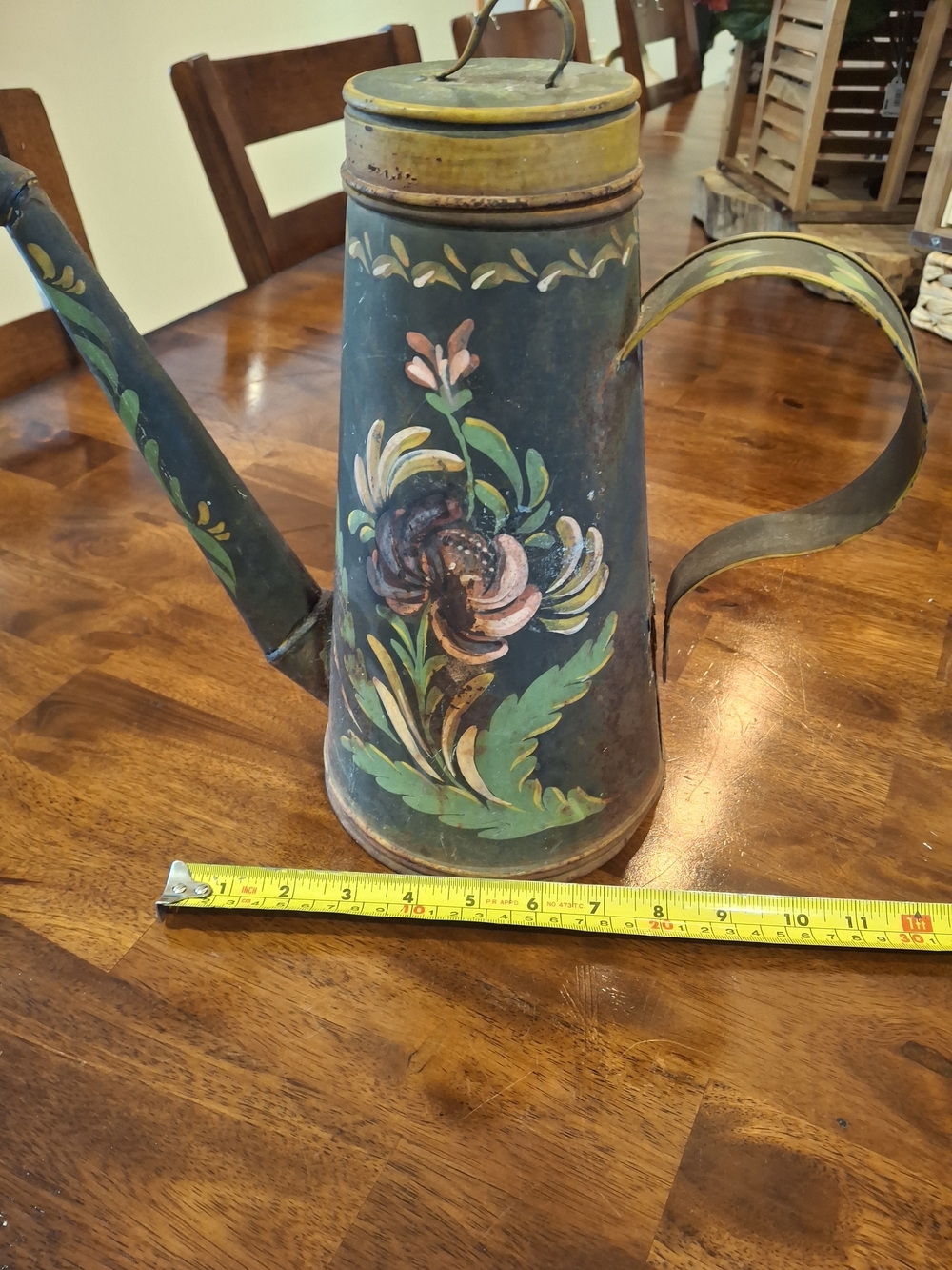 Vintage Hand-Painted Metal Watering Can - Green Floral Home Art